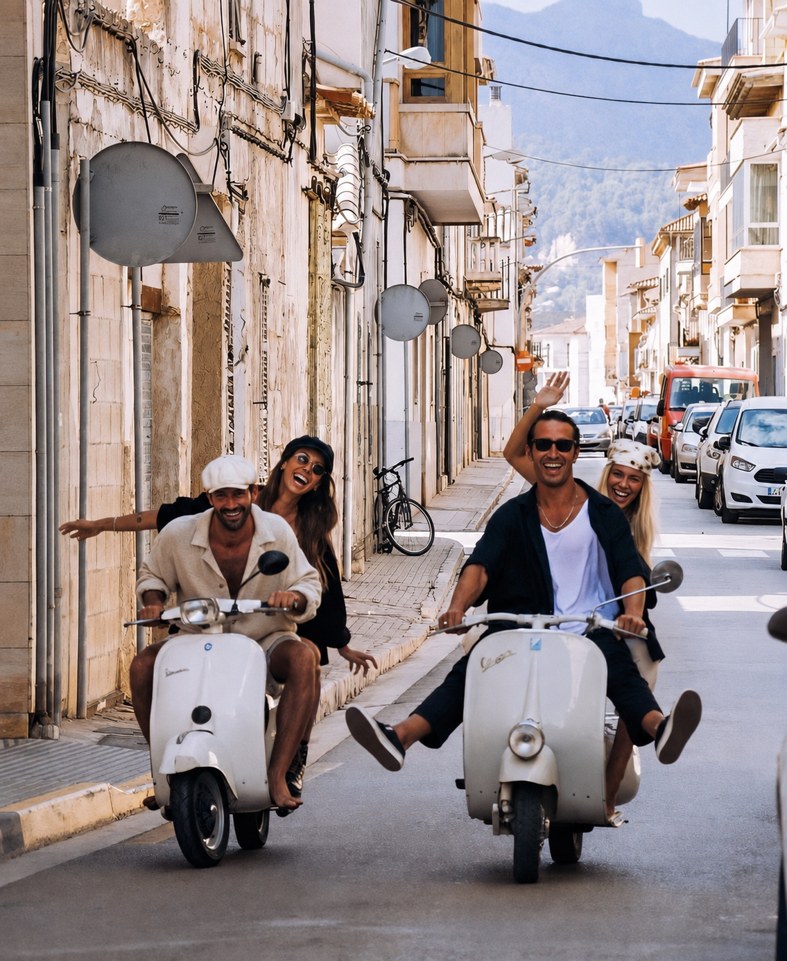 Miembros de MILO Tribe recorriendo un pueblo en vespa al atardecer